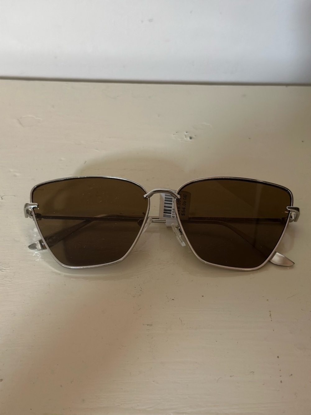 Anthropologie Silver Wire Frame Geometric Cat Eye Sunglasses Brown Lenses